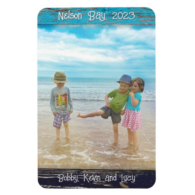 Magnet Flexible Rustic Blue White Beach Wood Text Photo Frame (Vertical)