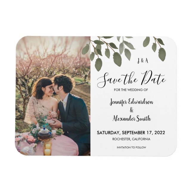 Magnet Flexible Rustic botanical monogram photo Save the Date (Horizontal)