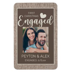 Magnet Flexible Rustic Burlap Brown 1st Christmas Engaged Photo 