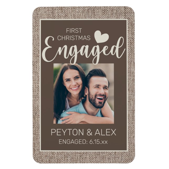 Magnet Flexible Rustic Burlap Brown 1st Christmas Engaged Photo  (Vertical)