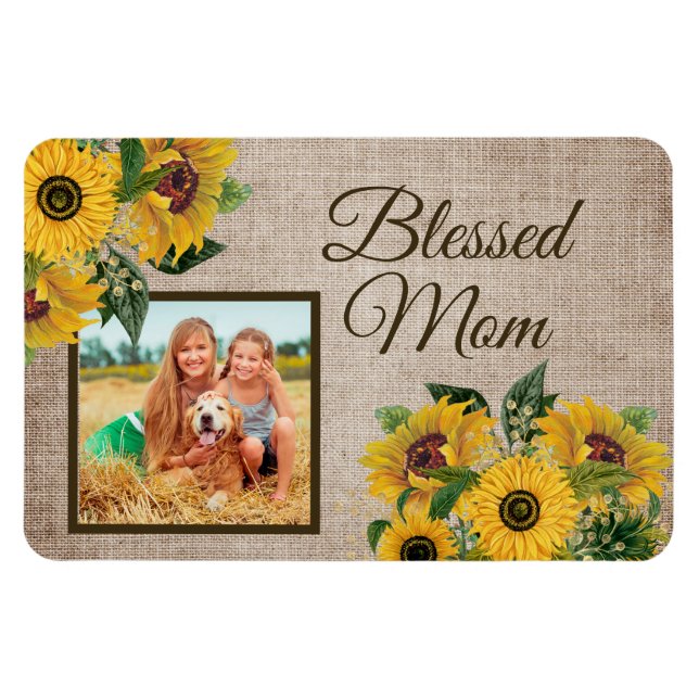 Magnet Flexible Rustique Burlap Tournesols Bienheureux Maman Photo (Horizontal)