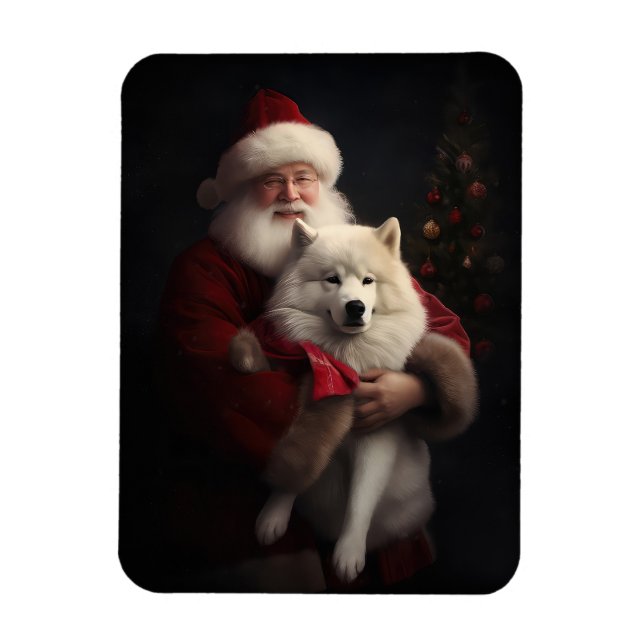 Magnet Flexible Samoyède avec le Père Noël Festif Noël (Vertical)