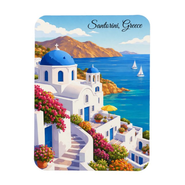 Magnet Flexible Santorin Grèce Voyage Europe Rétro  (Vertical)
