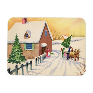 Magnet Flexible Sapin de Noël vintage sur une route enneigée d'hiv