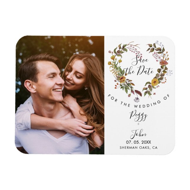 Magnet Flexible Save the Date Photo Elegant Floral Love Heart (Horizontal)