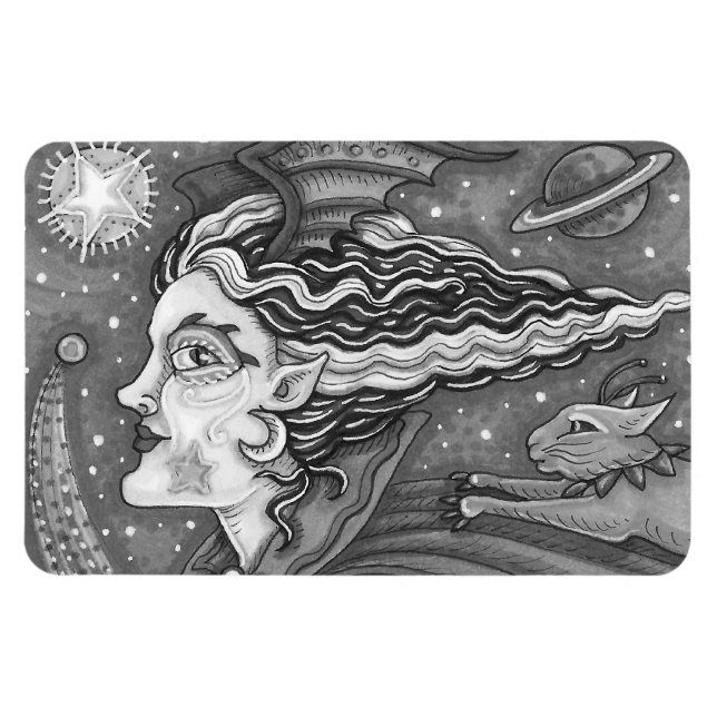 MAGNET FLEXIBLE SCI FI SPACE WITCH & COMET CAT HUMOUR HALLOWEEN (Horizontal)