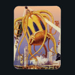 Magnet Flexible Science-fiction vintage Invasion de guerre Alien O<br><div class="desc">Image de science-fiction d'aliens et de robots d'illustration vintage montrant une grande pieuvre alien futuriste comme un monstre envahissant une ville et prenant un bus plein de gens. Un design de bande dessinée rétro science fi avec une créature détruisant une métropole du futur et les gens tombent du bus vers...</div>