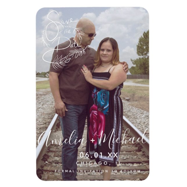 Magnet Flexible Script botanique main tiré Enregistrer la date Pho (Vertical)