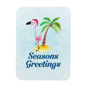 Magnet Flexible Seasons Greetings Pink Flamingo in Santa Hat