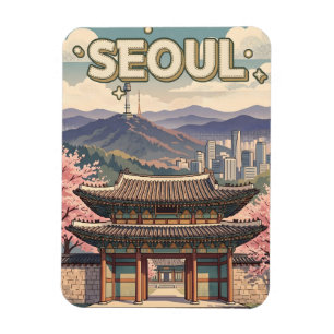 Magnet Flexible Séoul Corée du Sud – Cerisiers en Fleur & Toits de