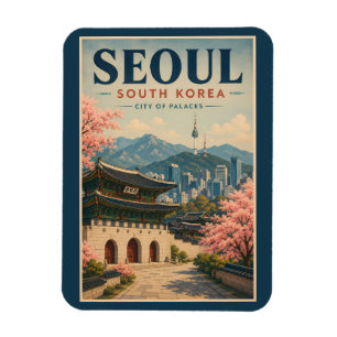 Magnet Flexible Séoul Corée du Sud Illustration Voyage Art Vintage