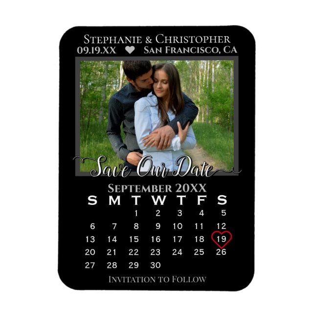 Magnet Flexible Simple Black Photo Calendar Enregistrer notre date (Vertical)