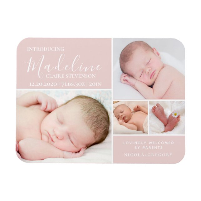Magnet Flexible Simple Blush Pink Photo Collage Bébé Fille Naissan (Horizontal)