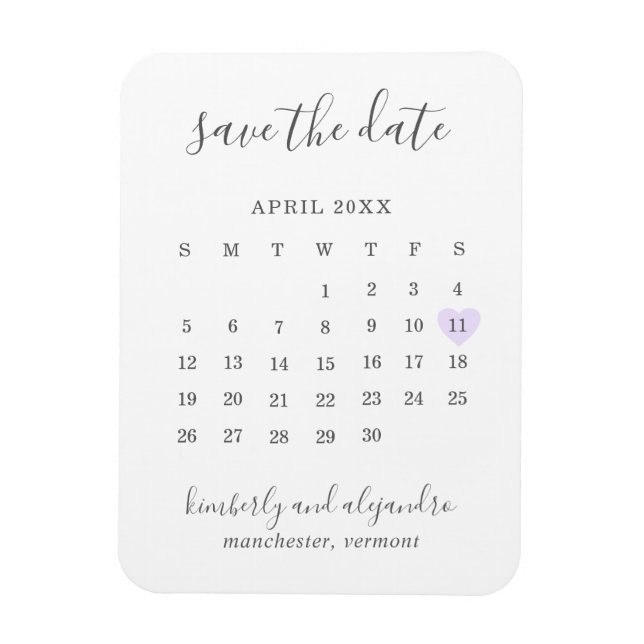Magnet Flexible Simple Calendrier Pastel Violet Cœur Enregistrer l (Vertical)