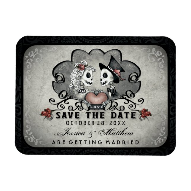 Magnet Flexible Skeletons d'Halloween gris noir et coeur rouge (Horizontal)