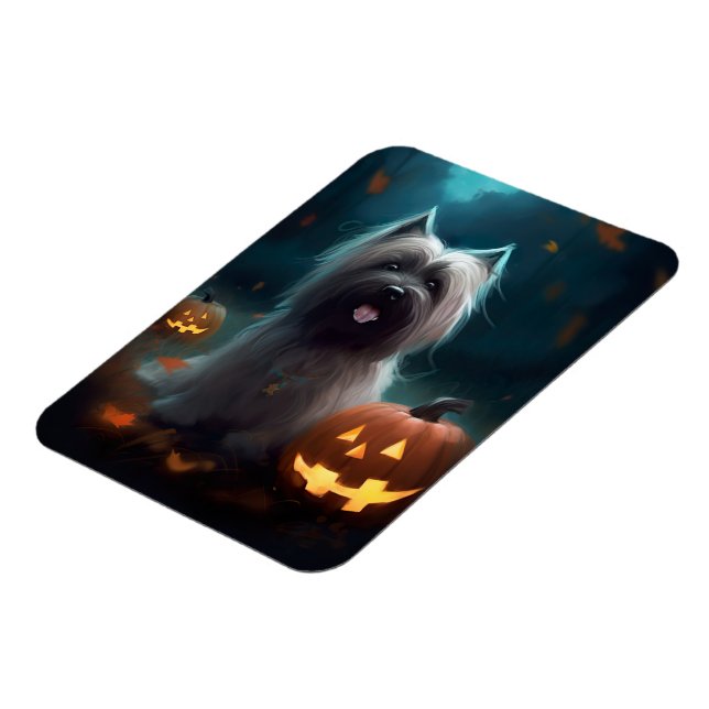 Magnet Flexible Skye Terrier Halloween avec citrouilles effrayante (Côté Gauche)