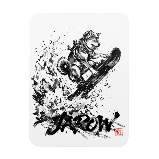 Magnet Flexible Snowboard Brush Art - Snowboarder Dog Huskey (Vertical)
