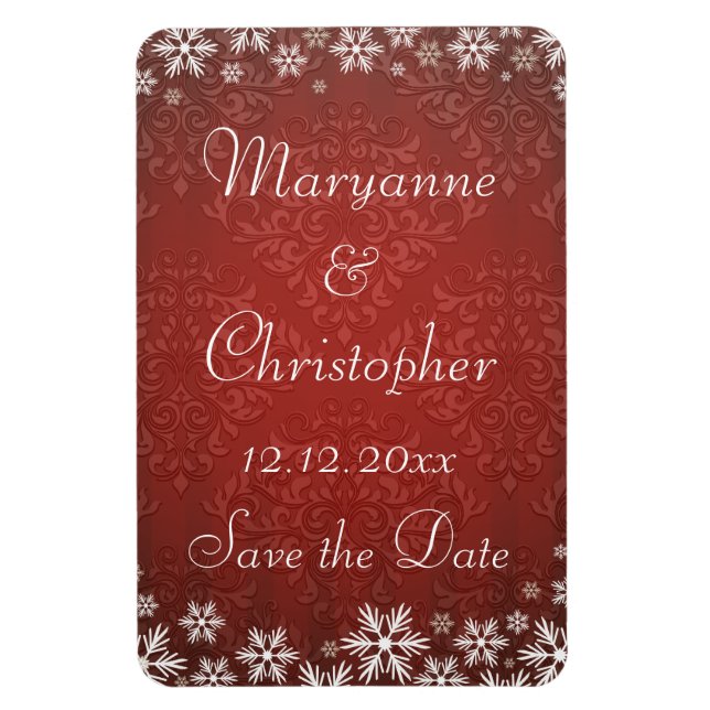 Magnet Flexible Snowflakes et Red Damask Enregistrer la date (Vertical)