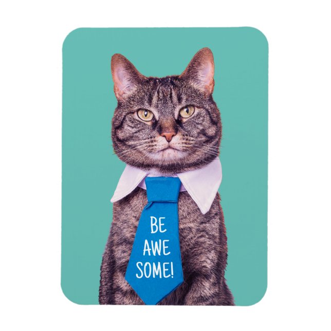 Magnet Flexible "SOIS INCROYABLE !" Chat en Cravate Bleue, Turquoi (Vertical)