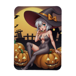 Magnet Flexible Sorcière d'Halloween aux Yeux Verts sur des Citrou