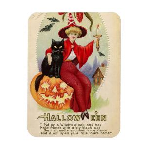 Magnet Flexible Sorcière d'Halloween vintage et chat noir