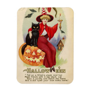 Magnet Flexible Sorcière d'Halloween vintage et chat noir