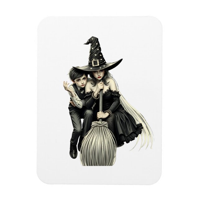 Magnet Flexible Sorcière et garçon d'Halloween : Duo magique sombr (Vertical)
