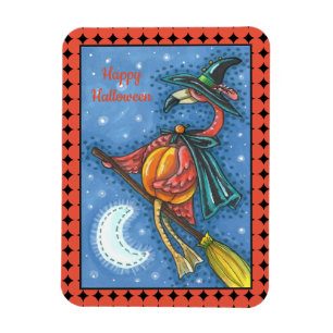 MAGNET FLEXIBLE SORCIÈRE FLAMANT ROSE, VOLANT AU-DESSUS DE LA LUNE