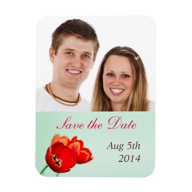Magnet Flexible Spring tulip red floral mint wedding save the date (Vertical)