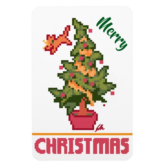 Magnet Flexible stealing cat, tree, Pixel Art, Merry Christmas (Vertical)
