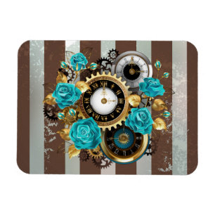 Magnet Flexible Steampunk Clock and Turquoise Roses on Striped