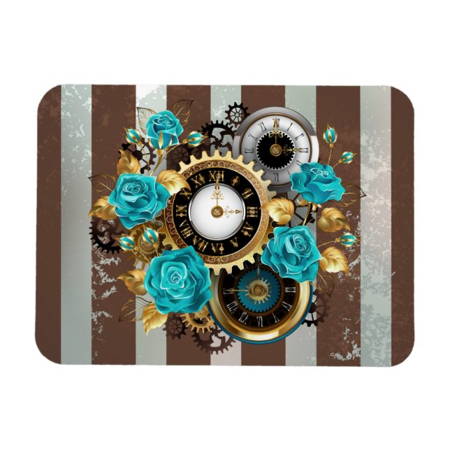 Magnet Flexible Steampunk Clock and Turquoise Roses on Striped (Horizontal)