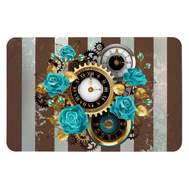 Magnet Flexible Steampunk Clock and Turquoise Roses on Striped (Horizontal)