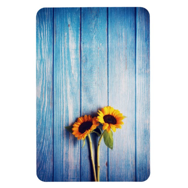 Magnet Flexible Sunflower on Blue Wood Wall (Vertical)