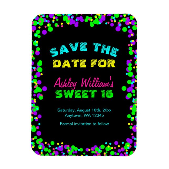 Magnet Flexible Sweet 16 Neon Glow Confetti Enregistrer la date (Vertical)