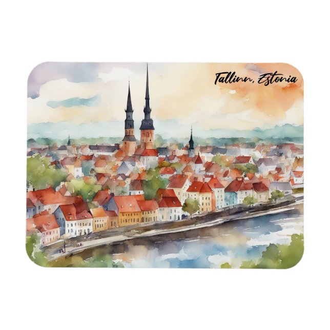 Magnet Flexible Tallinn Estonia Watercolor Painting Panorama  (Horizontal)