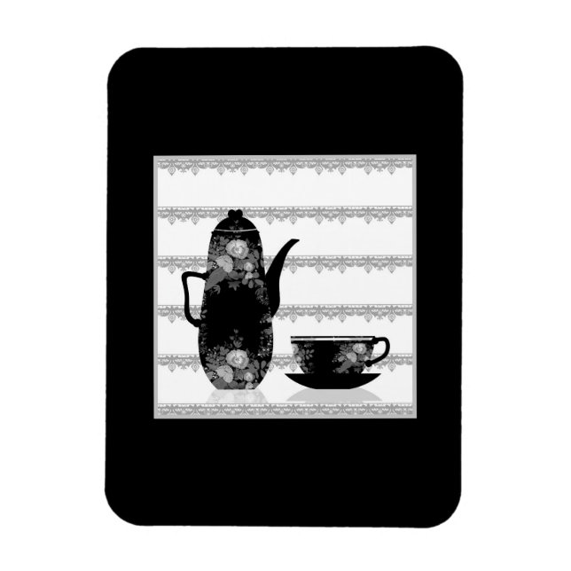 Magnet Flexible Tasse café thé noir blanc illustration rétro (Vertical)
