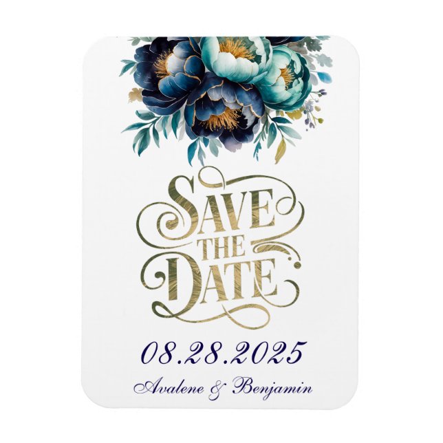 Magnet Flexible Teal et Pivoine Navy Or Sauver La Date (Vertical)