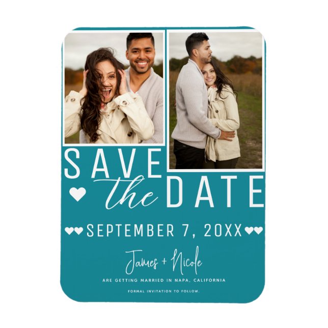Magnet Flexible Teal Turquoise Save the Date 2 Photo Mariage  (Vertical)