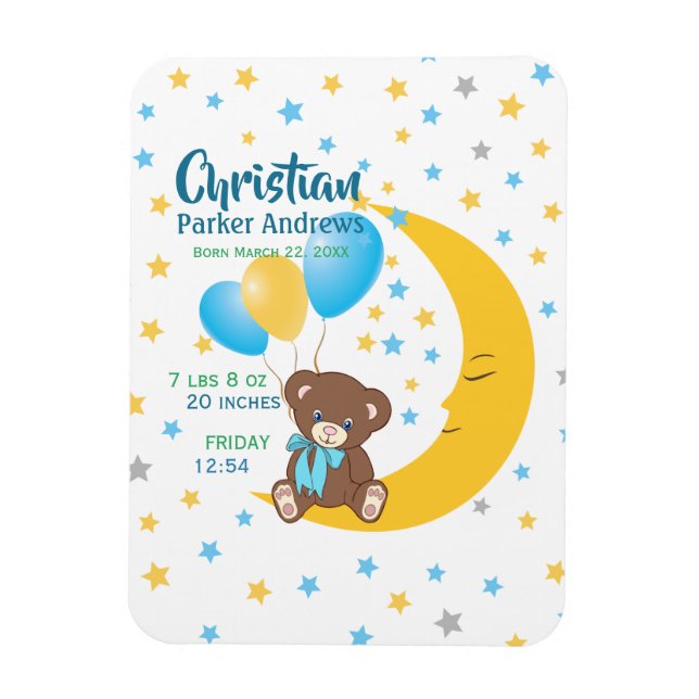 Magnet Flexible Teddy Bear assis sur la Lune Baby Birth Statistiqu (Vertical)