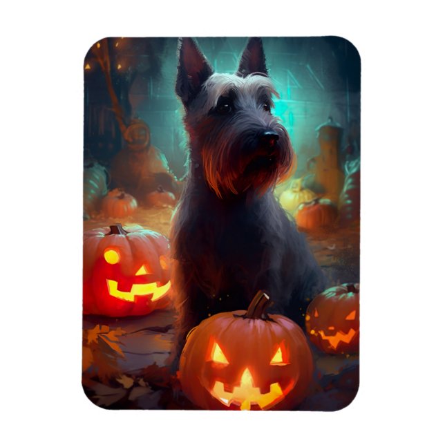 Magnet Flexible Terrier écossais d'Halloween avec citrouilles effr (Vertical)