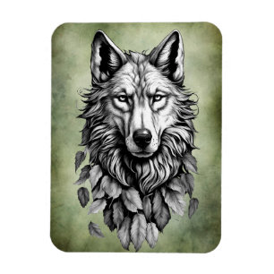 Magnet Flexible tête de loup animal feuille dessin d'art original