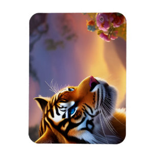 Magnet Flexible Tigre aux yeux bleus et fleurs roses