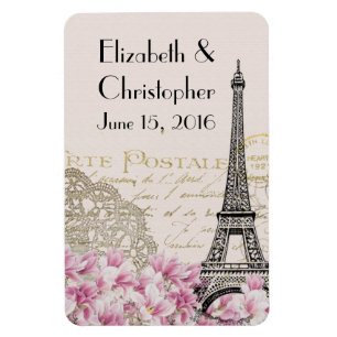 Magnet Flexible Tour Eiffel vintage et Fleurs roses Mariage STD