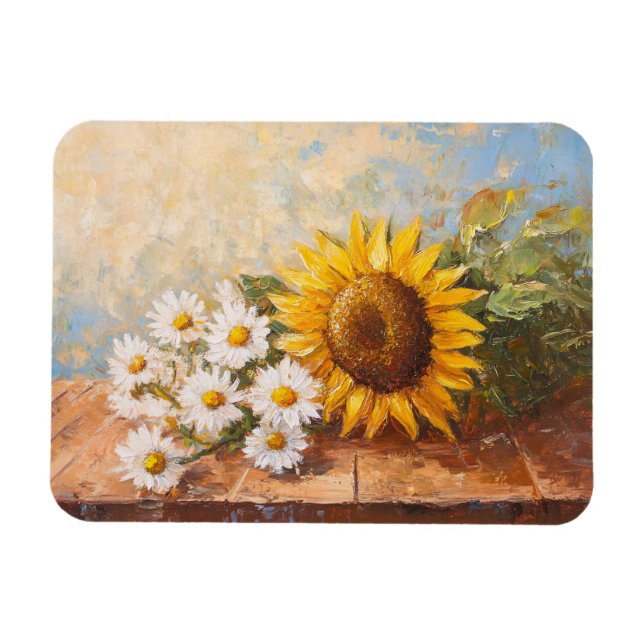 Magnet Flexible Tournesols et marguerites sur une table rustique (Horizontal)