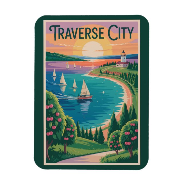 Magnet Flexible Traverse City Lake Michigan Illustration Voyage (Vertical)