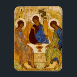 Magnet Flexible Trinity Rublev à la table<br><div class="desc">L'oeuvre/icône Antique Andrei Rublev représentant le Père,  le Fils et le Saint-Esprit assis à une table. Les images semblent avoir des ailes d'anges.</div>