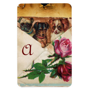 MAGNET FLEXIBLE TROIS CHIOTS AVEC ROSES  MONOGRAMME