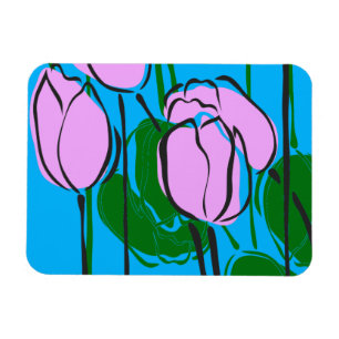 Magnet Flexible Tulipes roses dessinées à la main sur bleu ciel