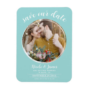 Magnet Flexible Turquoise et blanc moderne rond photo save the dat